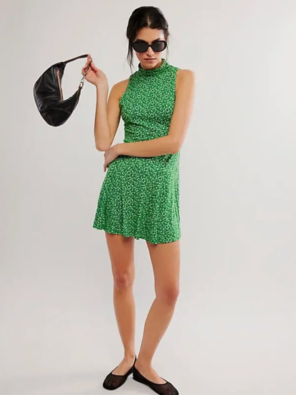 NWOT Free People Green White Floral Check It Mockneck Drop Waist Mini Dress